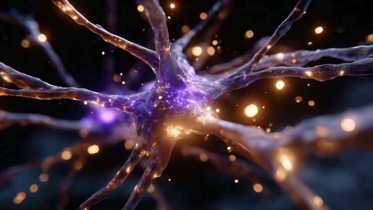 Visualizzazione dettagliata di neuroni con sinapsi luminose che evidenziano la struttura complessa delle connessioni neurali in un rendering in 3D ad alta risoluzione