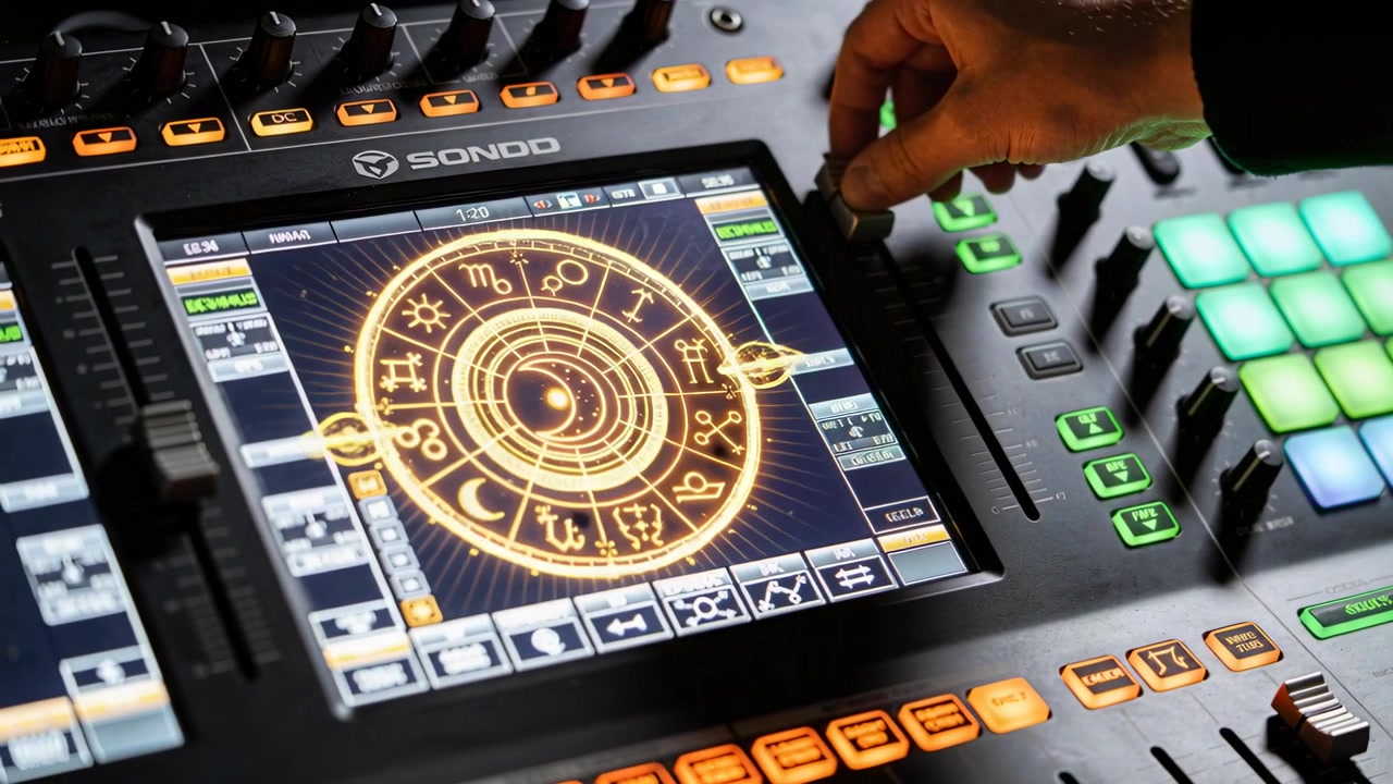Turning tech's right hand in dark sleeve rotating knob, nudging fader at console adding inner rings