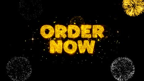 order now text reveal on glitter golden particles firework.
