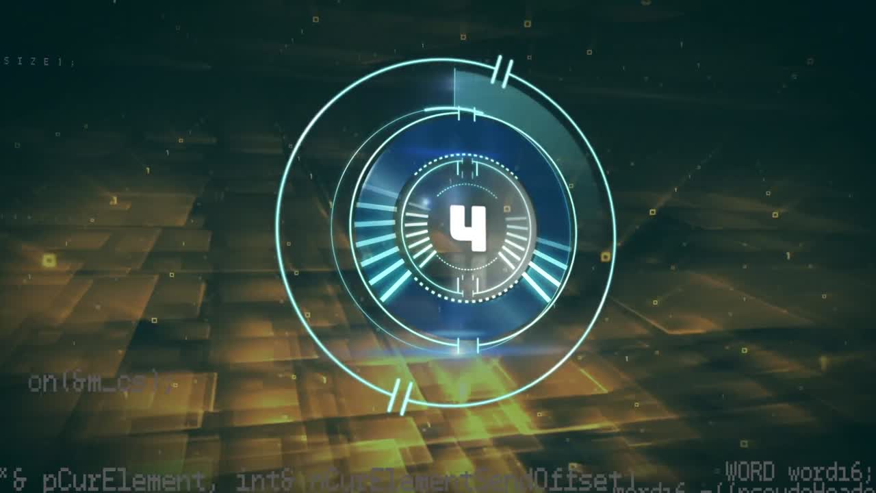 animación digital de la cuenta atrás sobre un escáner redondo de neón contra un fondo amarillo