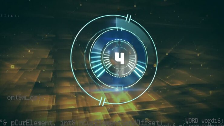 Digital animation of countdown over neon round scanner against yellow background