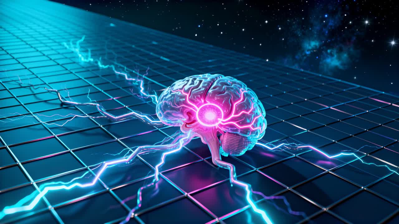 Emitting pulses, neon brain with magenta core sending cyan arcs across metal grid, connecting nodes