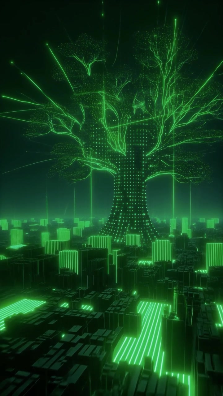 Digital Tree of Life in a Futuristic Neon Green Cyber City