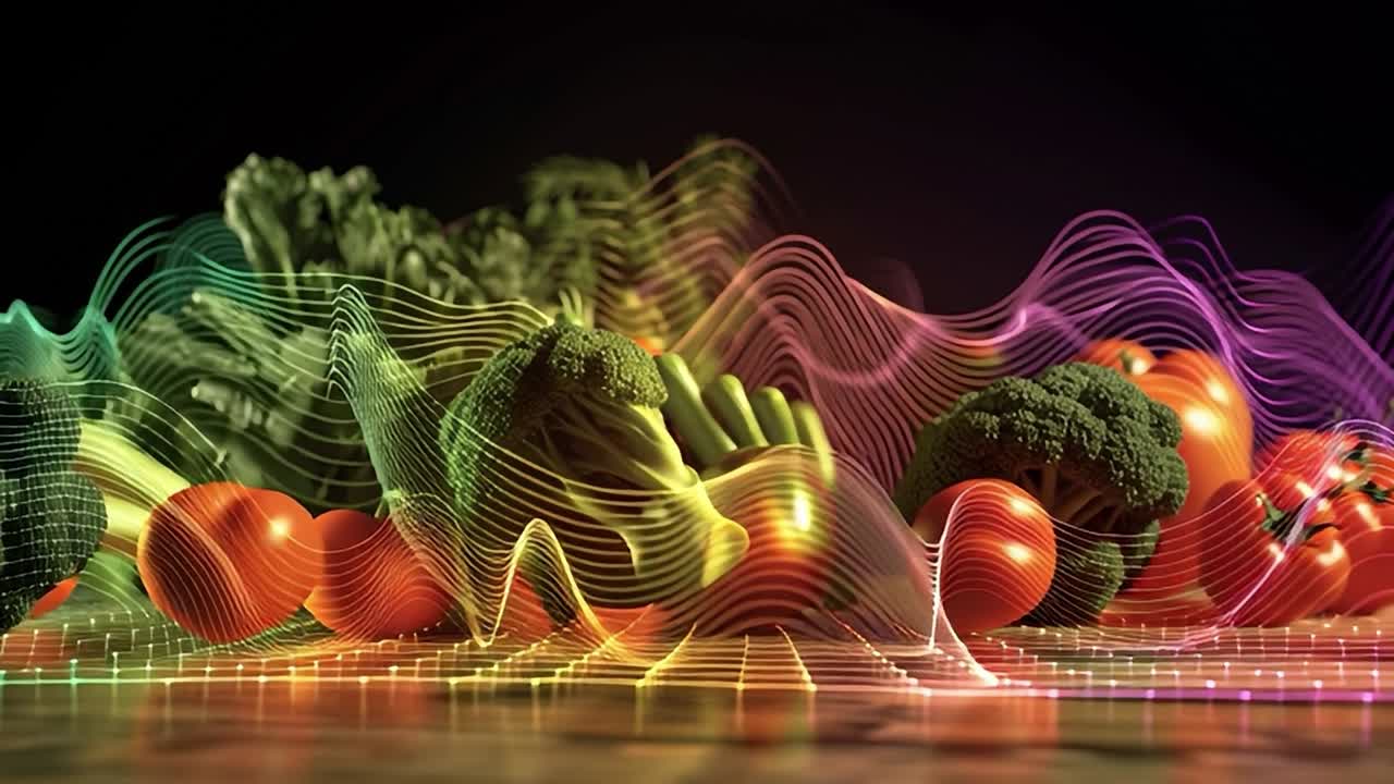Verdure colorate con onde sonore astratte su sfondo scuro