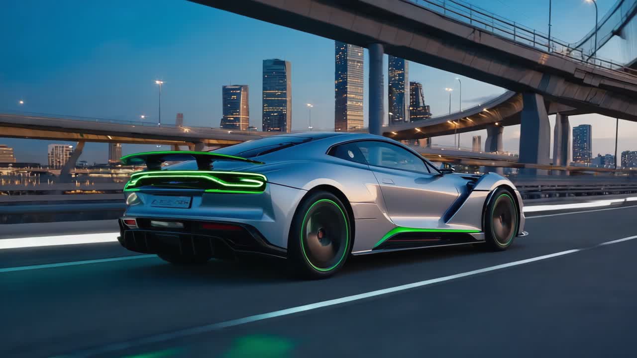 Futuristic Silver Sports Car with Green Accents Driving on City Highway at Dusk