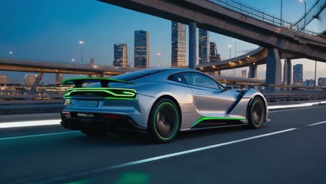 futuristic silver sports car with green accents driving on city highway at dusk