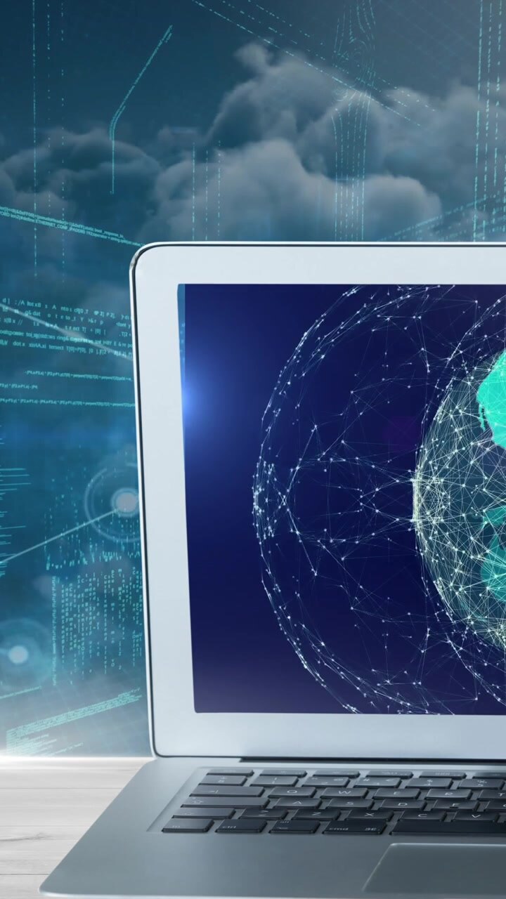 Animation of data processing with globe on computer screen over clouds