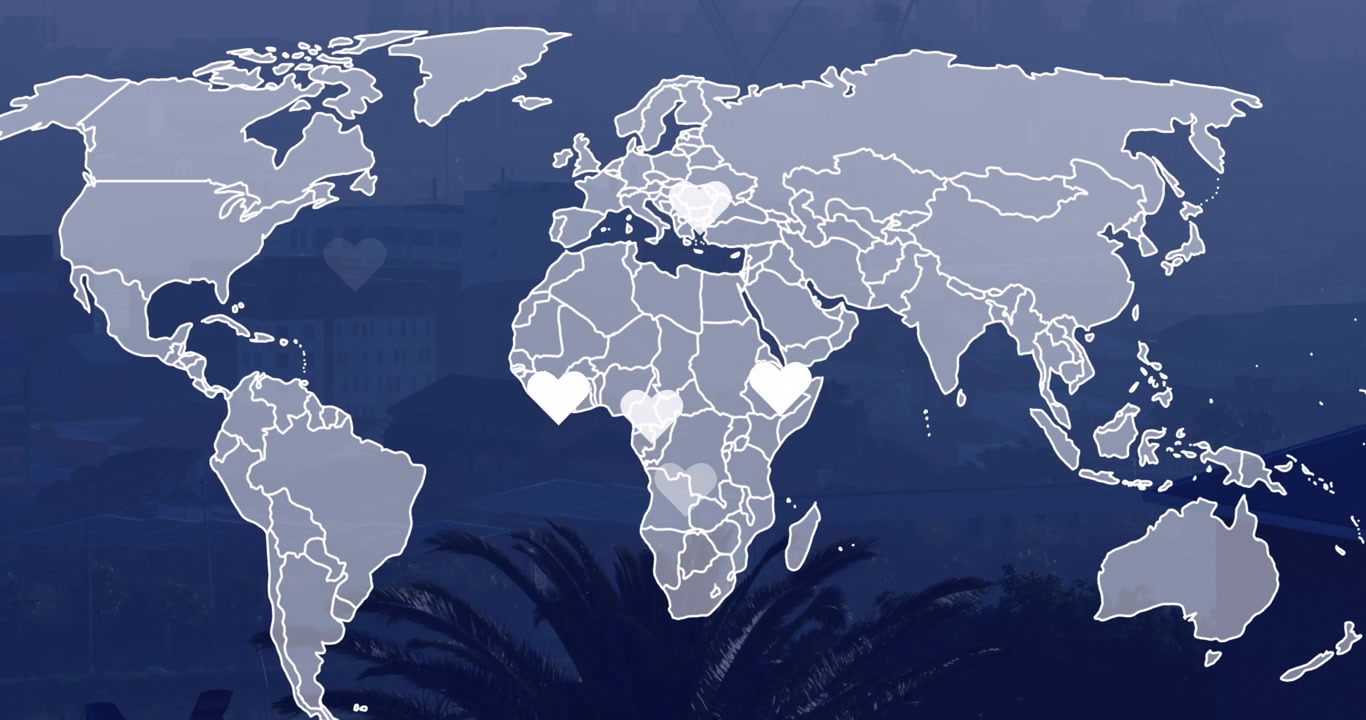Animazione di una mappa del mondo su una palma e uno skyline urbano