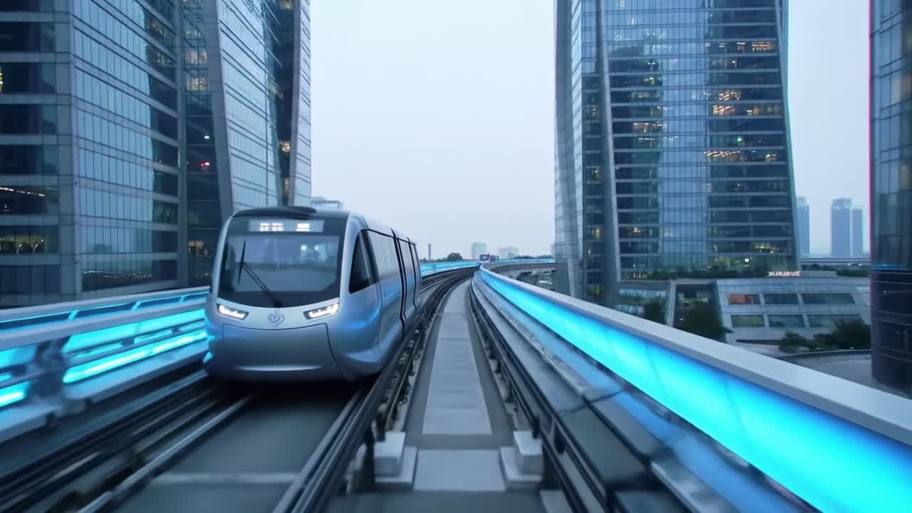 Futuristic Urban Transit System: A Monorail Traveling Between Skyscrapers with LED Accents, Showcasing Modern Architecture and Efficient Transportation