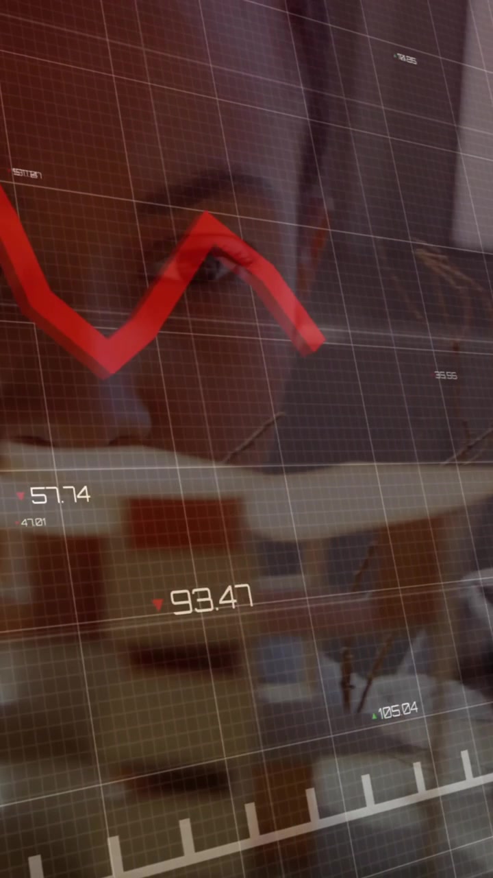 Animation of financial data processing over businesswoman in office