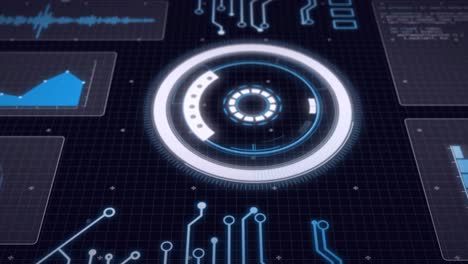 animation of scope scanning and data processing on screens over grid on blue background