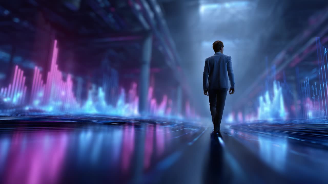Una figura solitaria percorre un corridoio futuristico pieno di grafici digitali vivaci e modelli illuminati, incarnando i temi dell'innovazione, della tecnologia e della visione lungimirante dell'era digitale