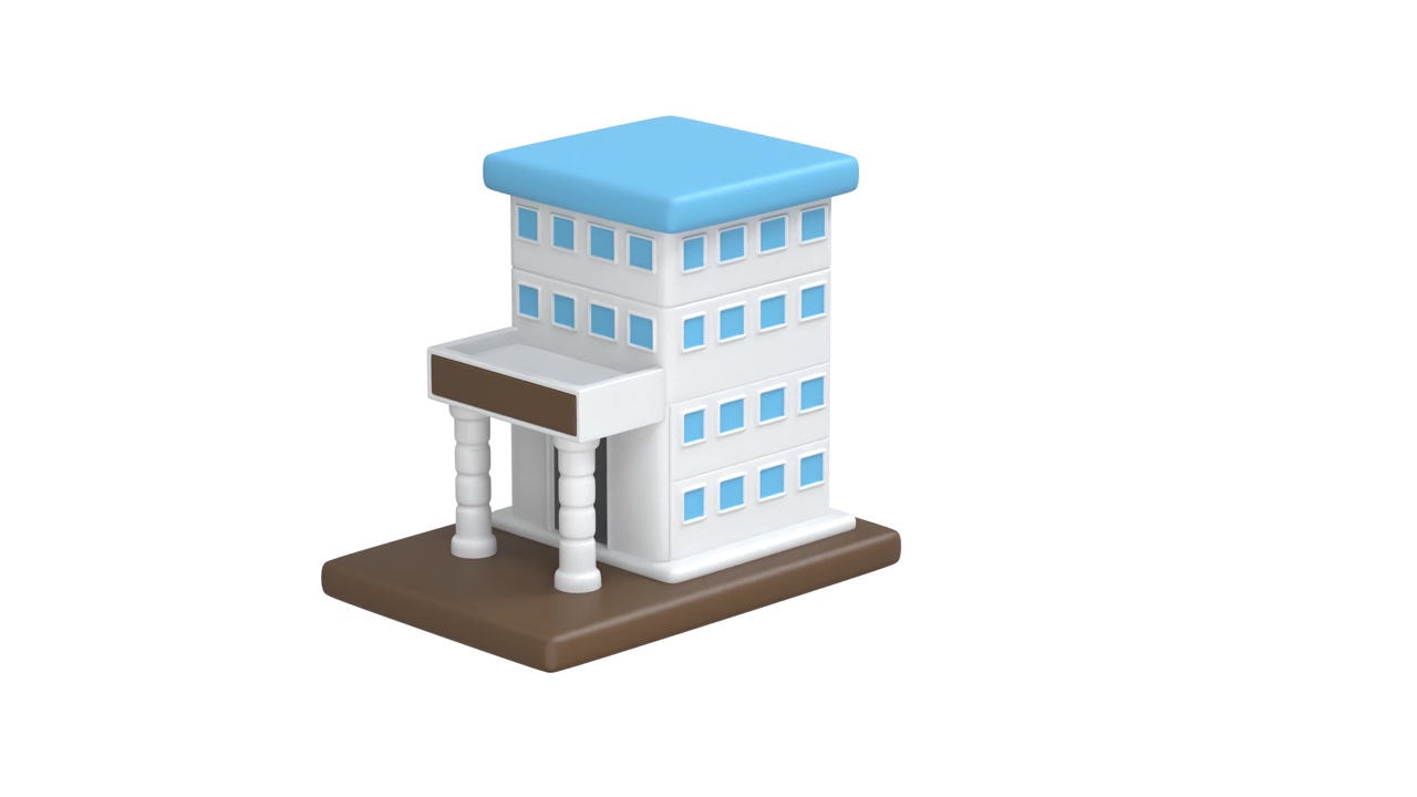 Edificio per uffici animato in 3D che ruota su sfondo bianco