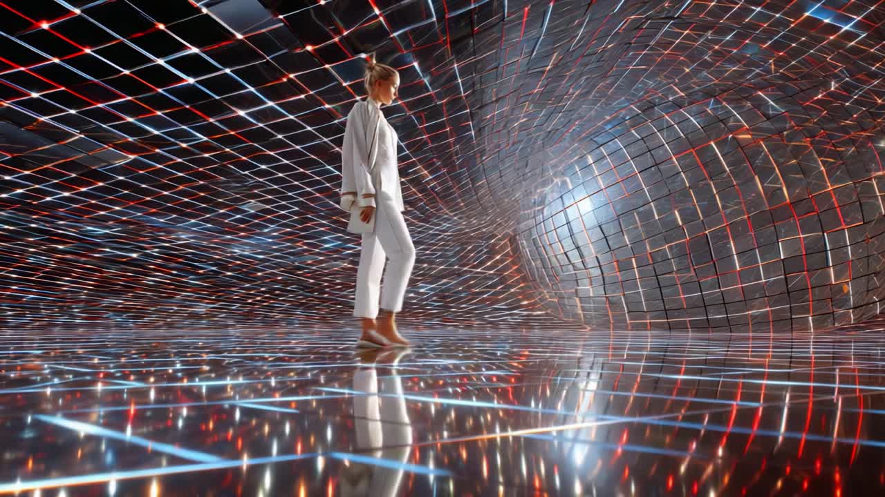 Exploring a Futuristic Space: A Stylish Individual Strolls Through a Mesmerizing Environment Filled with Dynamic Lights and Intricate Patterns, Creating a Captivating Visual Experience