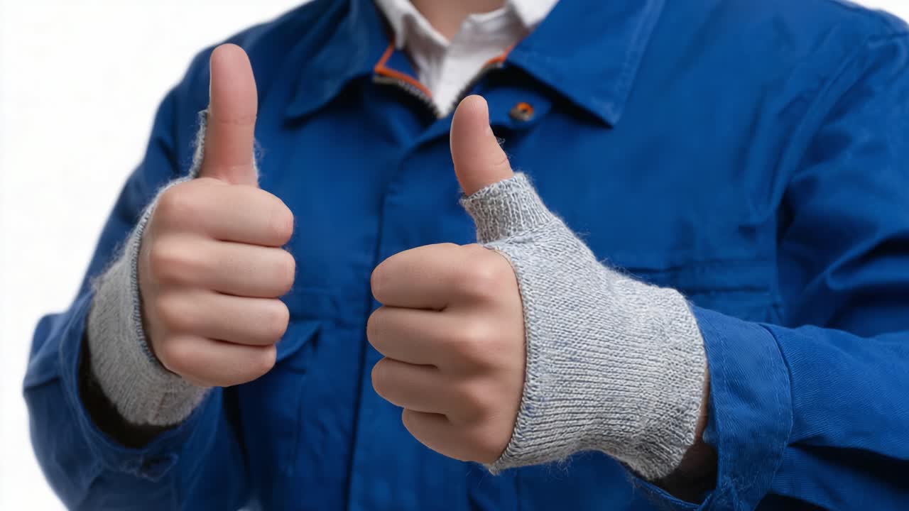 A person demonstrating a positive attitude with thumbs up gestures, showcasing enthusiasm and approval in a blue work jacket throughout the video frames
