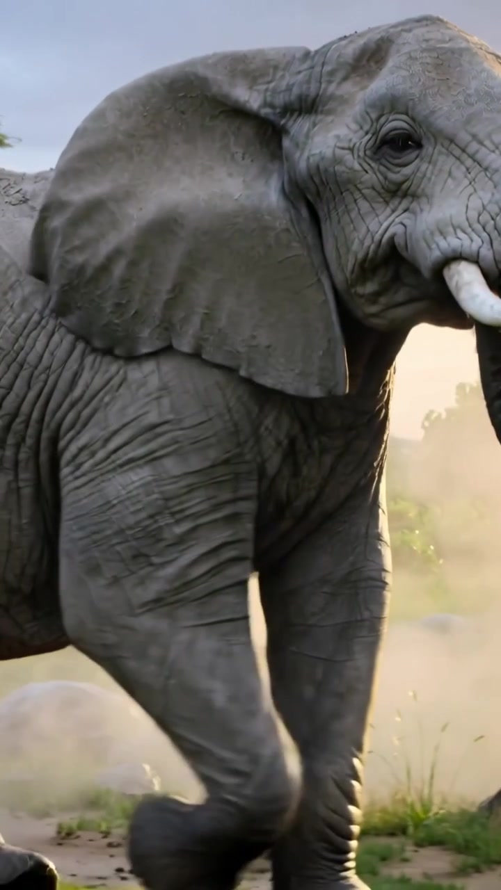 Vídeo vertical: Elefante adulto caminhando pela savana, com a tromba balançando, presas, orelhas e poeira.