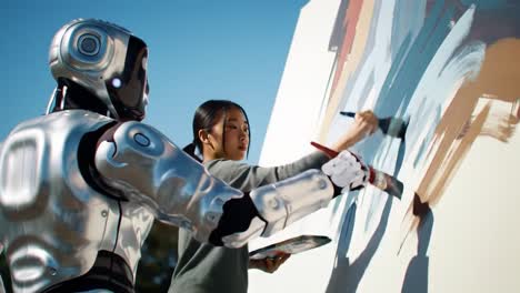a collaborative art journey: a robot and a young artist create a dazzling mural together, blending technology and creativity under a clear blue sky