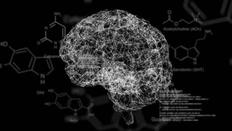 Animación-De-Diagramas-De-Estructura-Molecular-Y-Símbolos-Sobre-El-Cerebro-Giratorio-Sobre-Fondo-Negro