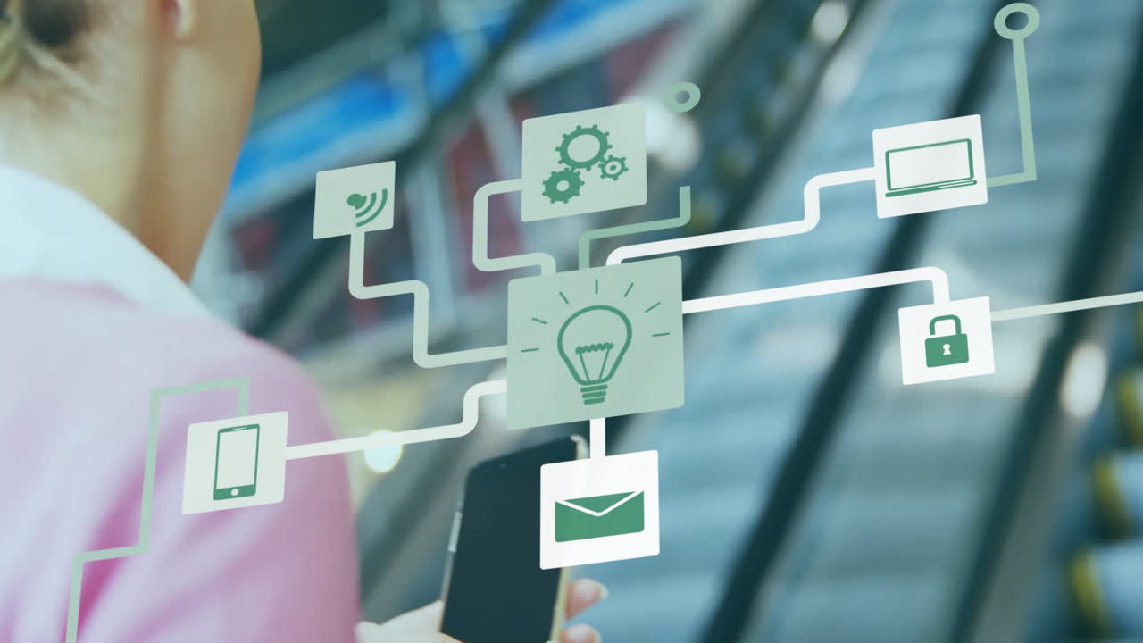 Holding smartphone with animation of digital network icons over escalator background