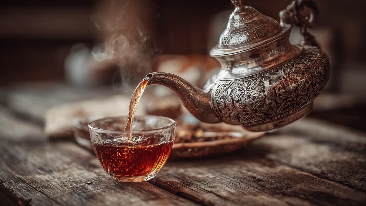 Hieno hopeinen teepannu kaataa aromaattista teetä lasikuppiin, vangiten perinteiden ja mukavuuden olemuksen kutsuvassa ympäristössä.