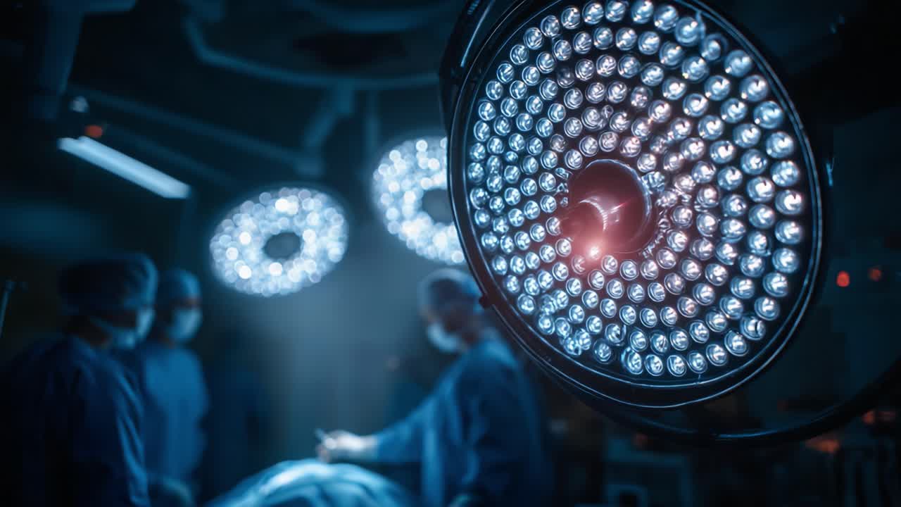 Kirurger udfører en procedure under intens belysning i en operationsstue, der viser fokus og præcision i et klinisk miljø