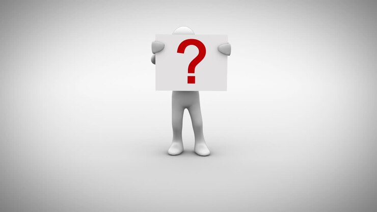 White character holding sign saying question mark
