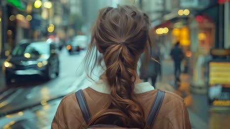 a woman with her back to the camera looking down a city street at night