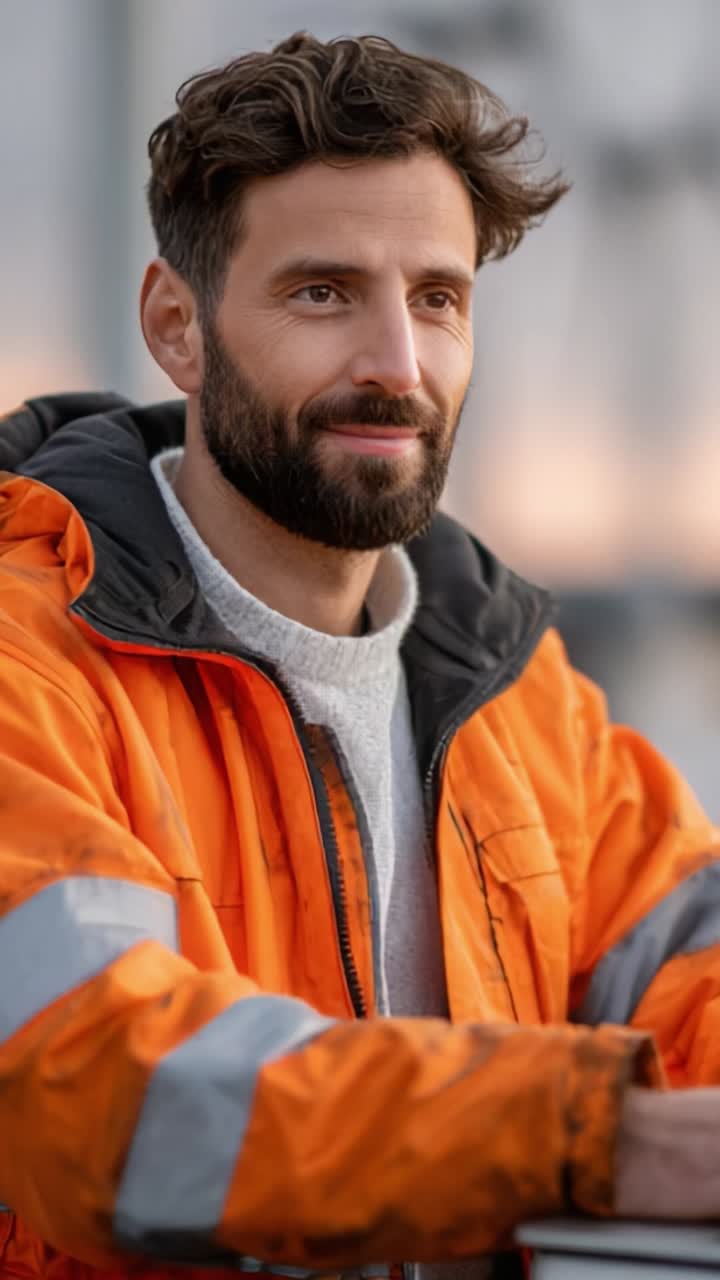 A thoughtful worker in an orange jacket, reflecting on the day's challenges while enjoying the serene sunset backdrop, showcasing dedication and focus in his role