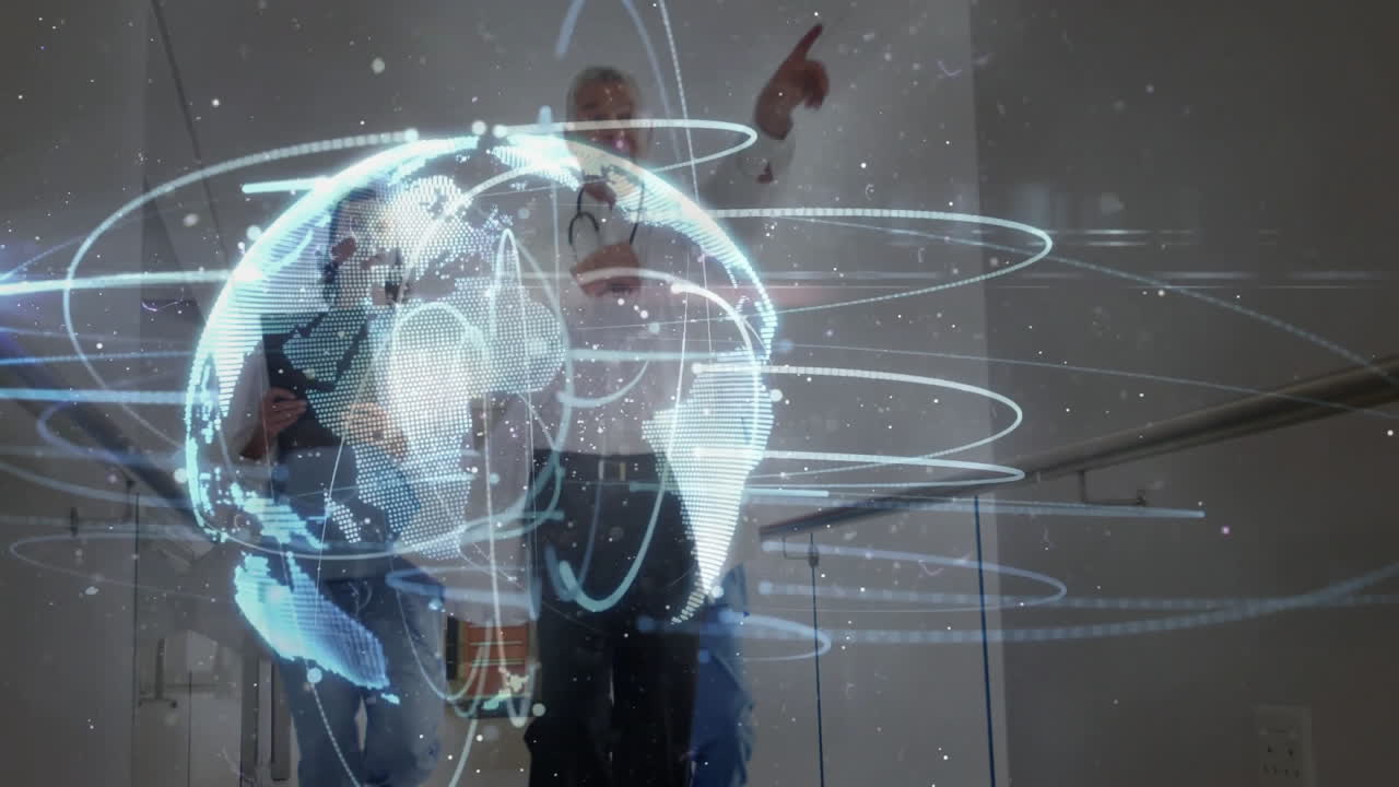 Discussing animation of digital globe, two people in modern office setting