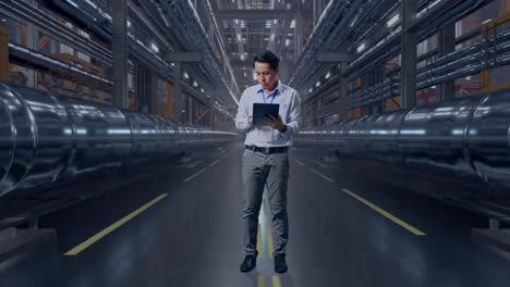 full body of an asian male professional worker standing with his tablet with metal pipes, typing and dissapionted with nodding his head