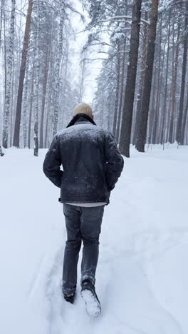 man walking in snowy forest