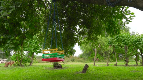 Empty-plastic-swing-for-toddlers-hang-from-tree-in-green-garden,-Latvia