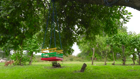 un columpio de plástico vacío para niños pequeños colgado de un árbol en el jardín verde, letonia