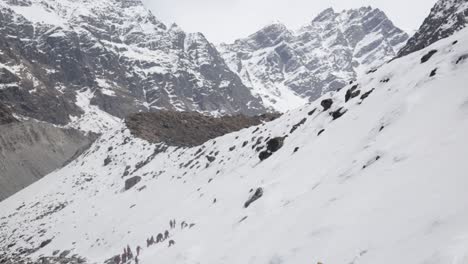 Aerial-view-of-mountaineers-in-upper-Himalayas,-himalayan-mountain