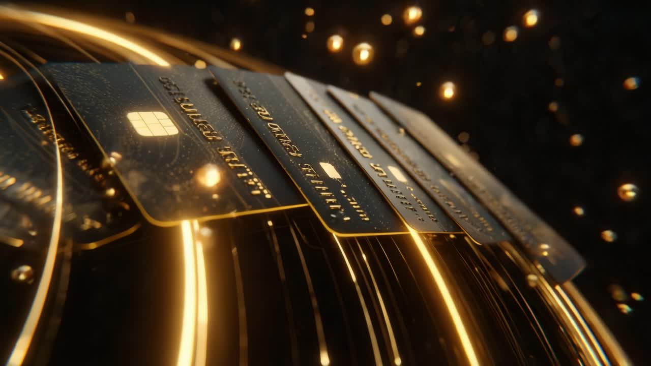 Premium black and gold credit cards gracefully rotating against a dark background, surrounded by glowing golden light streaks and floating particles, embodying wealth, luxury, and modern finance