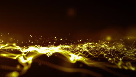 digital gold particles wave and light abstract background.