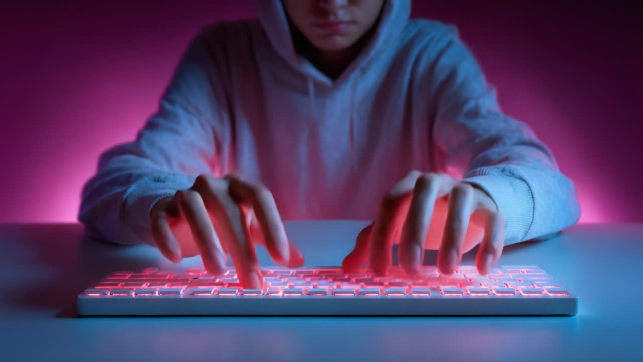 A Focused Individual in a Hoodie Engages with a Backlit Keyboard, Illuminating Their Hands in a Captivating Scene of Technology and Creativity