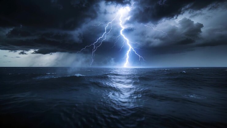 Fulmine intenso che forma una colonna centrale, illuminando l'oceano agitato e il percorso di luce riflessa