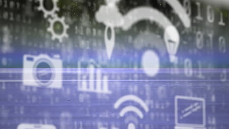 animación de iconos digitales flotando sobre el paisaje