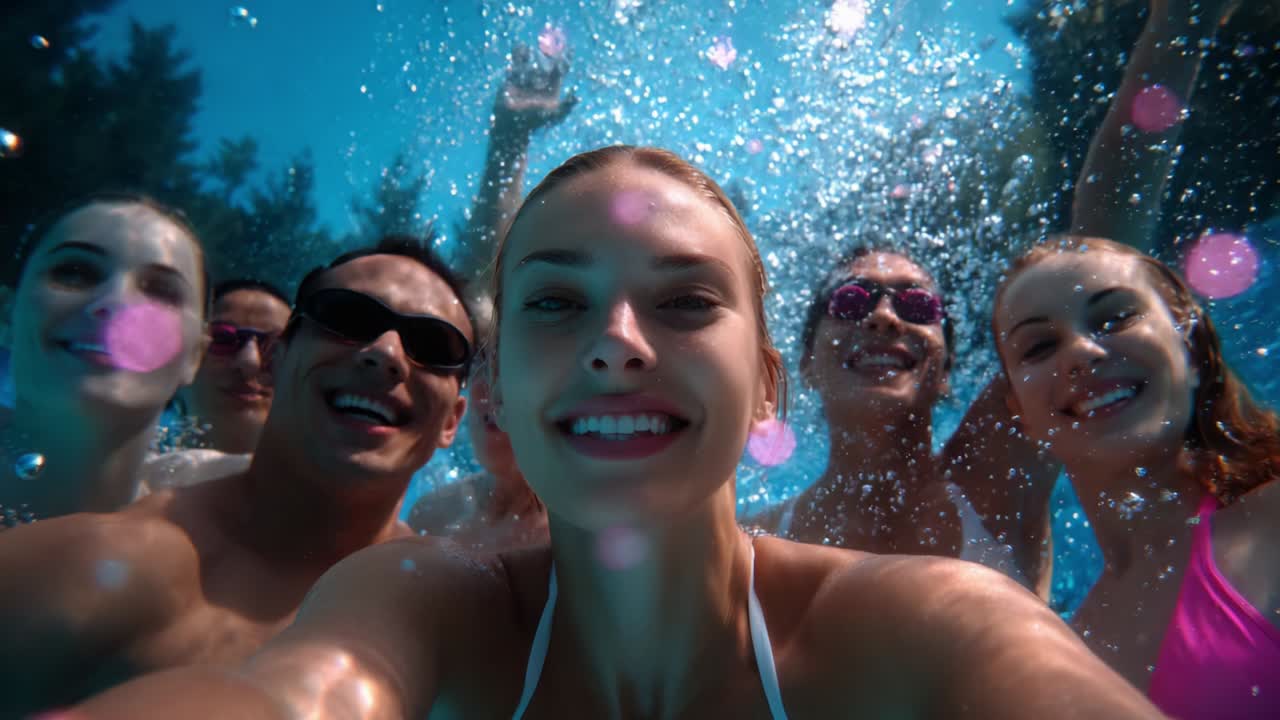 Grupo de amigos se divertindo em uma festa na piscina embaixo d'água
