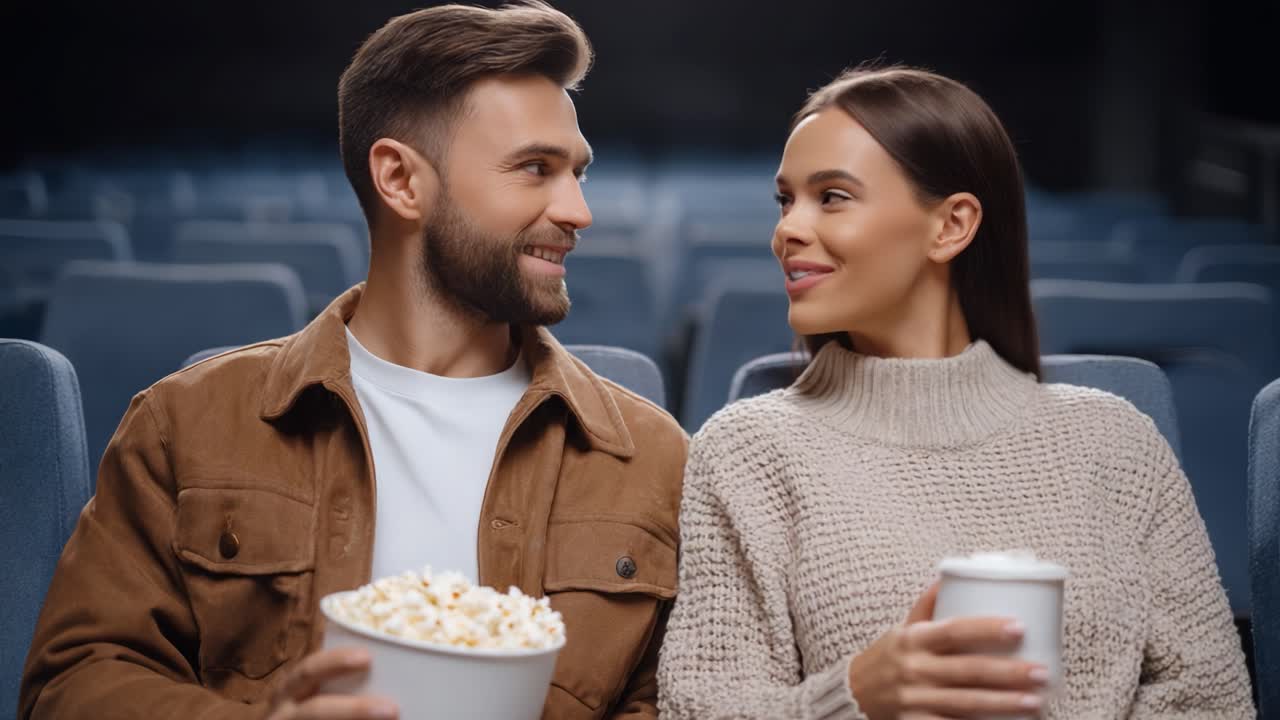 A Cozy Couple Enjoys a Movie Date in the Theater, Sharing Popcorn and Drinks While Engaged in a Warm Smile and Connection