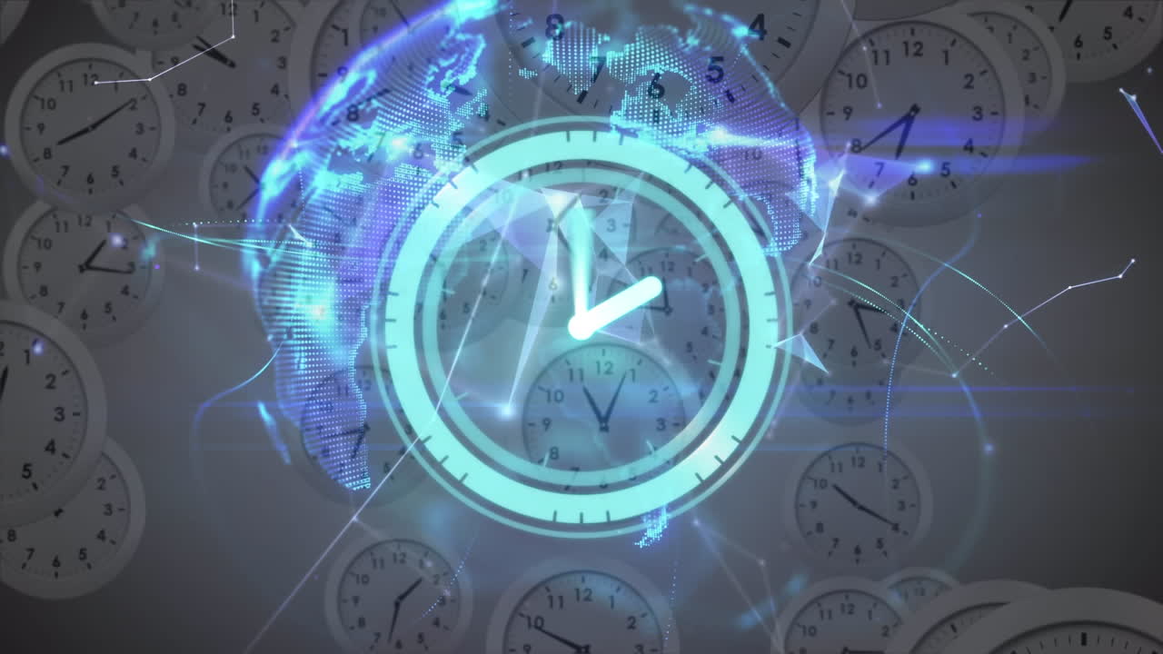 Animation of moving clocks over globe and networks of connections
