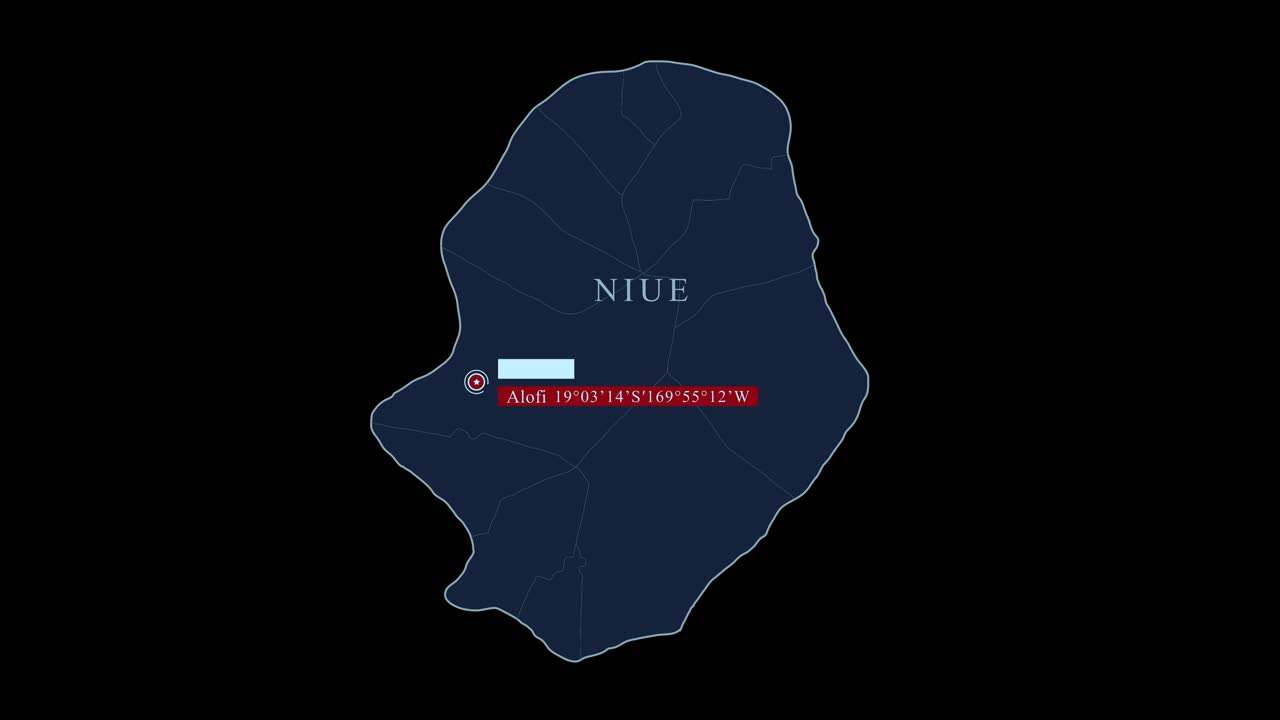 mapa estilizado azul de niue con la capital alofi y las coordenadas geográficas en fondo negro