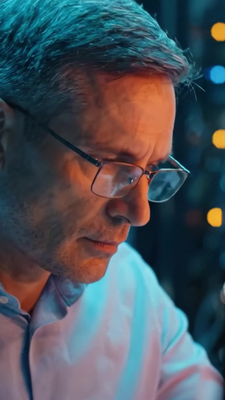 Homem focado de óculos contemplando pensativamente, rodeado por luz ambiente que mostra a intensidade de concentração e reflexão em um ambiente criativo