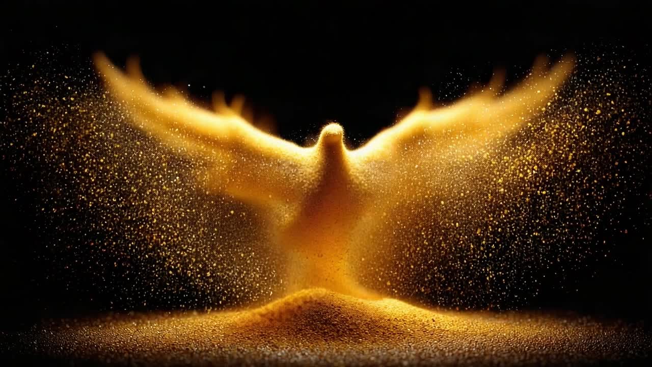 Une transformation époustouflante de poussière dorée : la création d’un oiseau magnifique s’élevant d’une base tourbillonnante de particules scintillantes dans un environnement sombre