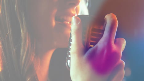 female singer performing on studio stage, with animated sound waves illustrating music industry