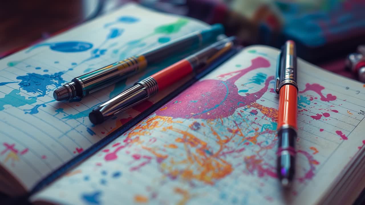 Camera initiating focus shift on paint-stained notebook with three pens on table, revealing texture