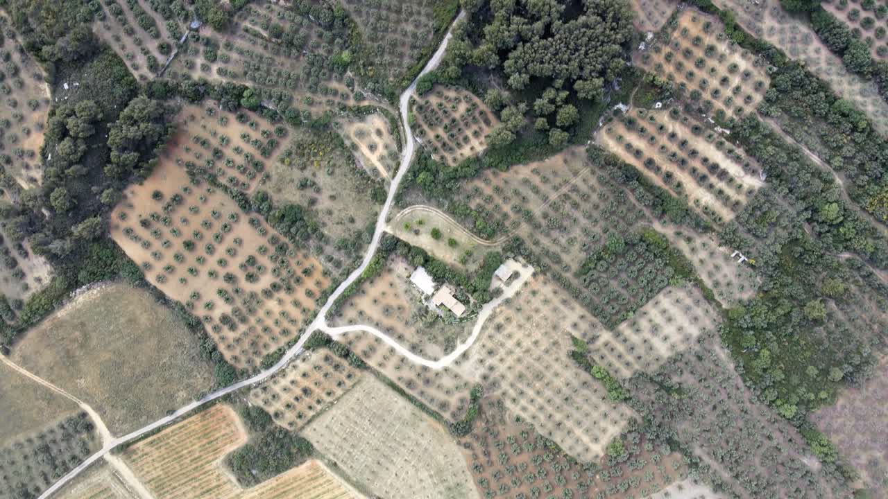 panorámica aérea a través de les baux de provence francia viñedos y huertos con sinuosa carretera de tierra