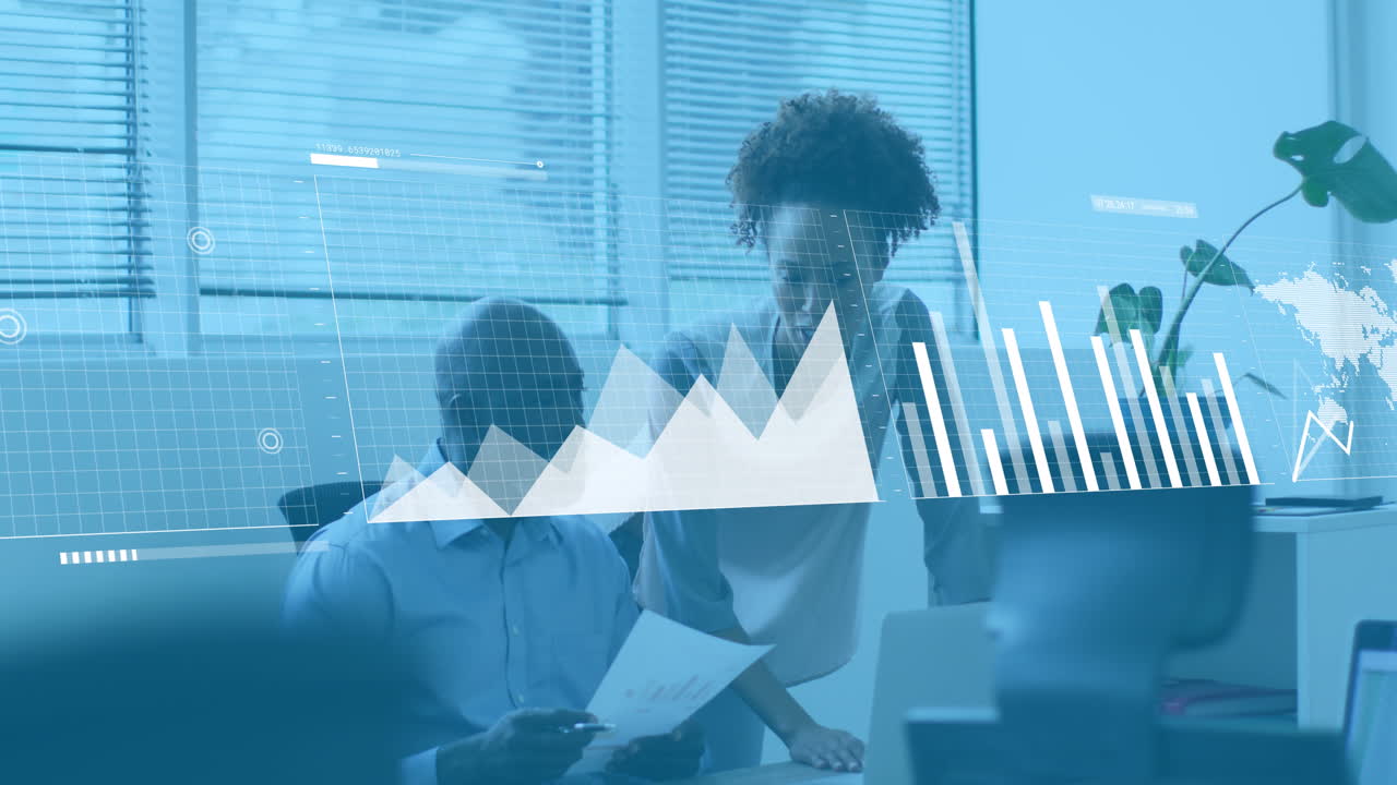 Animation of graphs, loading bars and map over diverse coworkers discussing reports in office