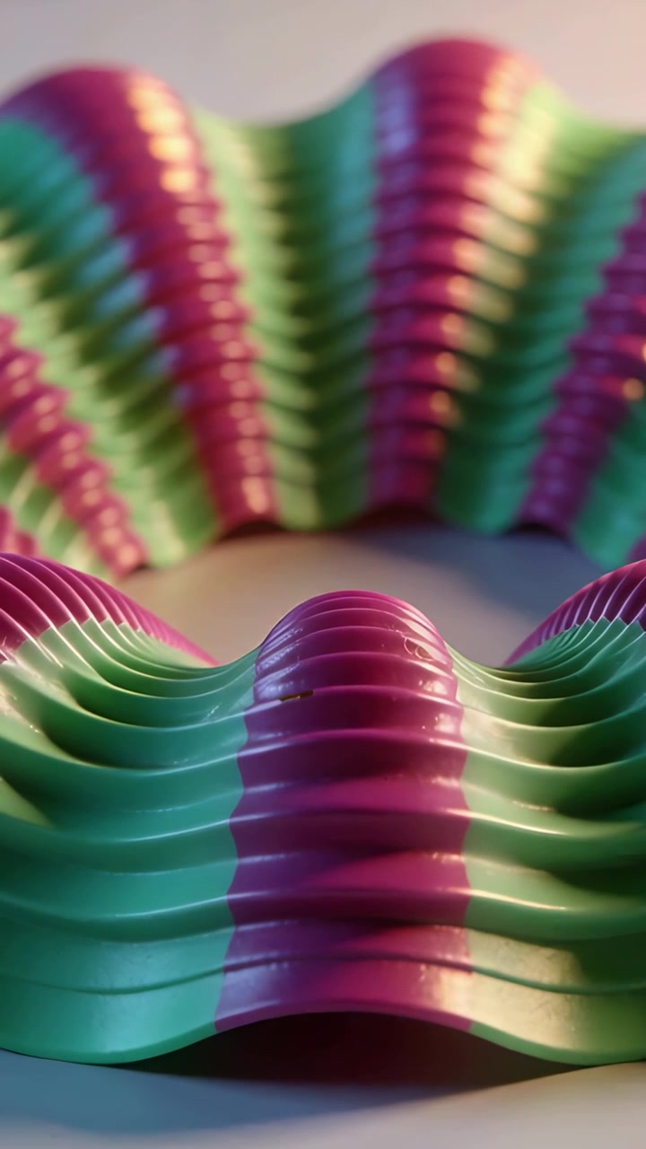 Vertical video: Shifting camera focus showing magenta green ribbed ribbon on table with shiny gleam